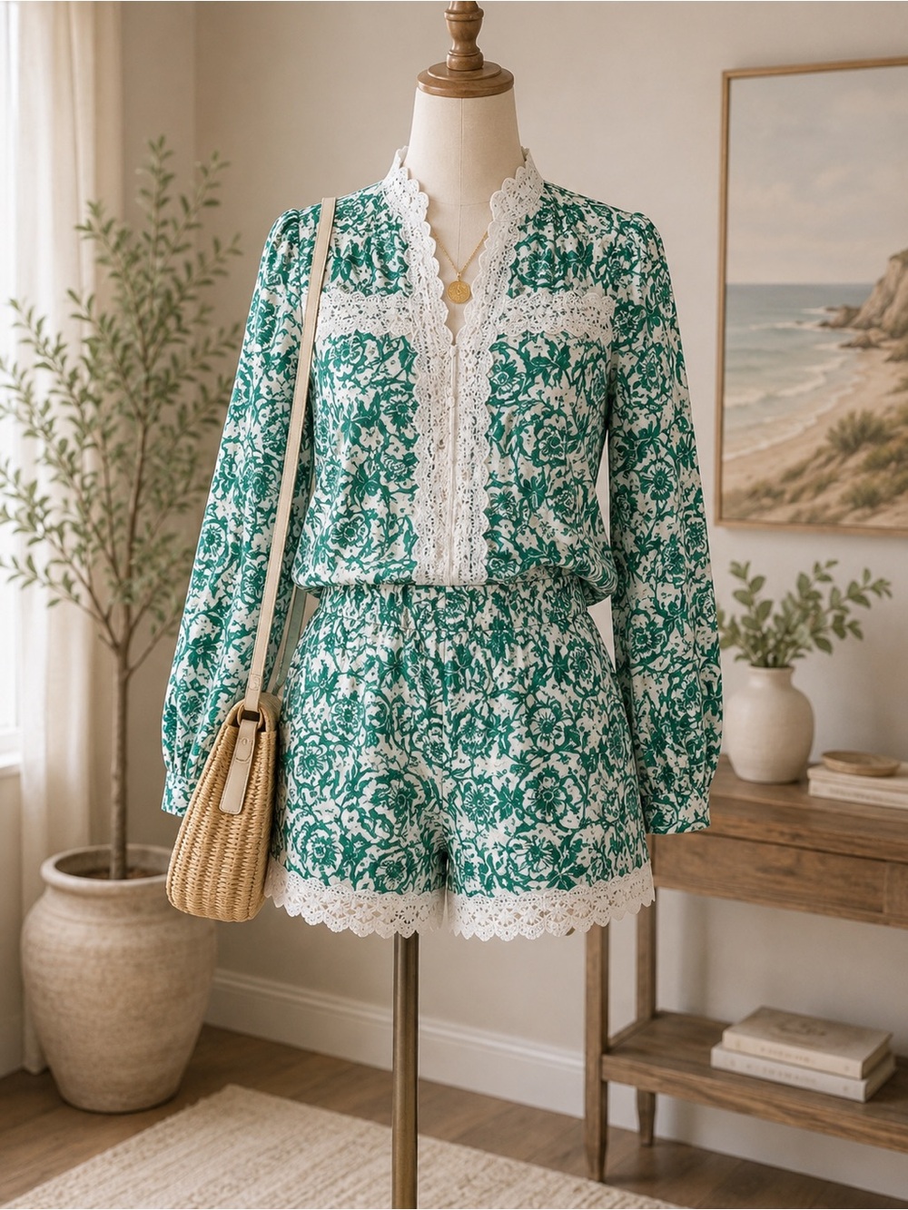 NWT Simplee 2Pc Floral Lace Shorts Set Women’s M Green White Cottagecore Outfit